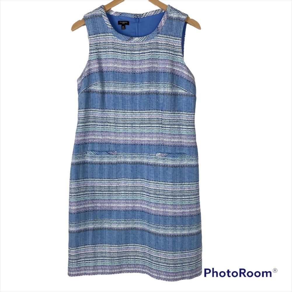 TALBOTS Blue Stripe Tweed Sleeveless Sheath Dress 10P Business Casual Spring - Picture 2 of 10